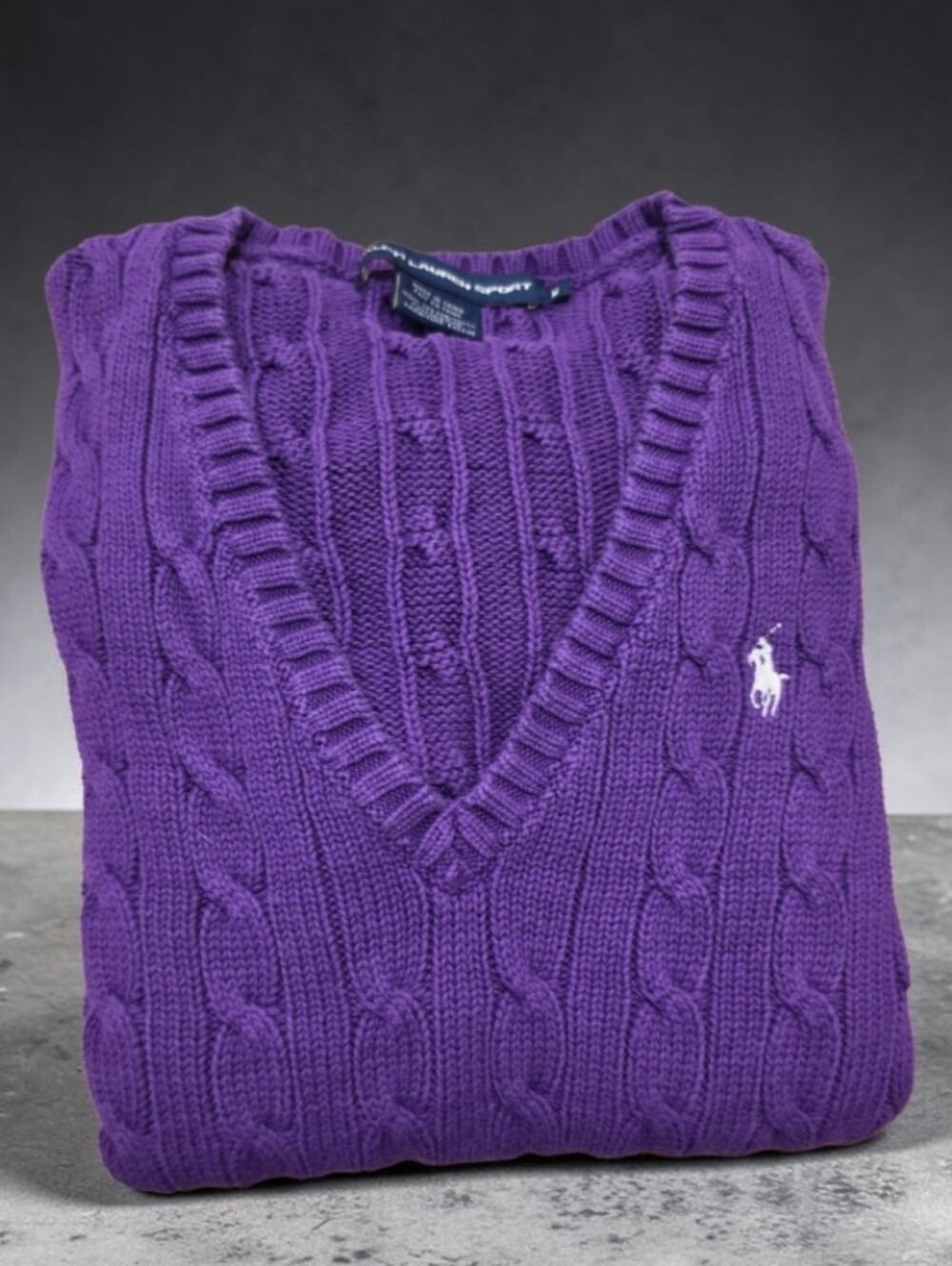 Ralph Lauren Sport Women's Purple Cable-Knit V-Neck Sweater Size-M